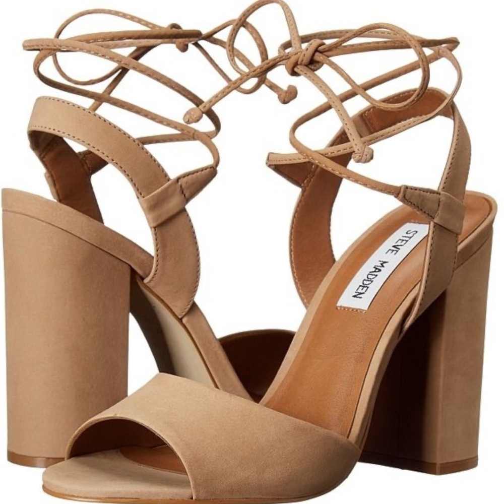 Steve Madden Women's Tie Up Ankle Strap Tan Block Heels 7.5